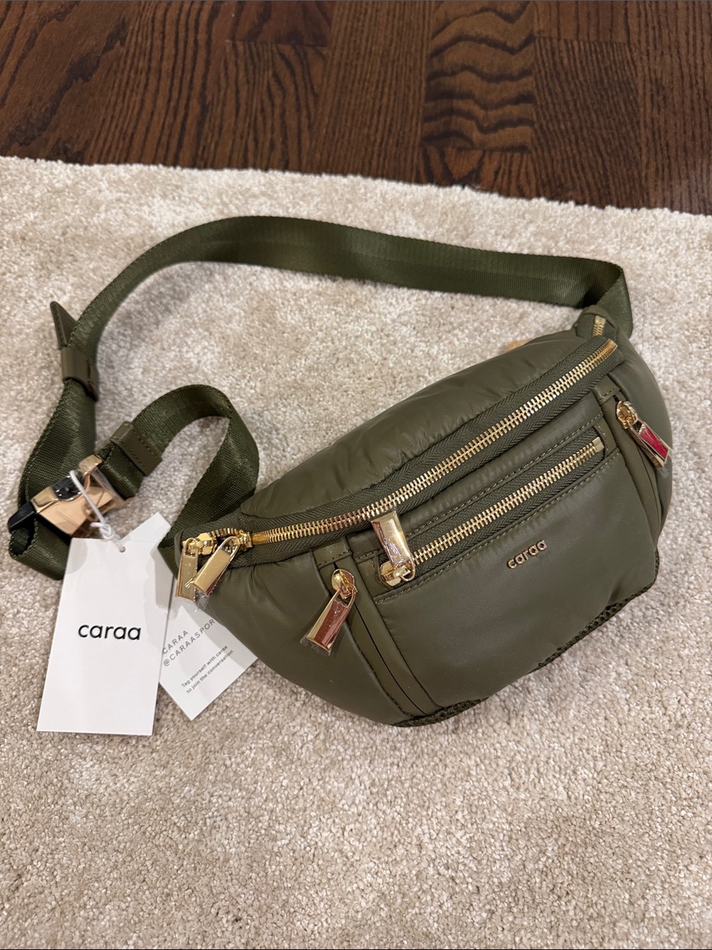 caraa Olive Nylon Crossbody Belt Bag with Gold Hardware